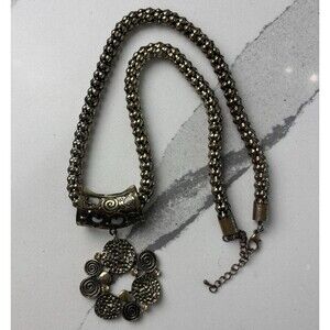 Boho Statement Necklace Antiqued Brass Tone Spiral Pendant Chunky Artisan GB